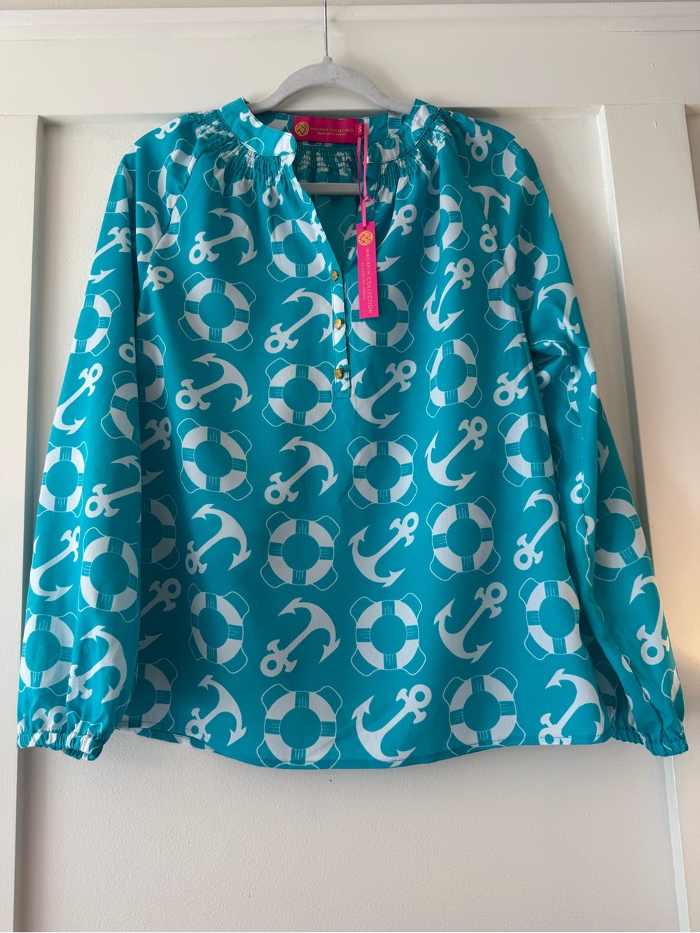Macbeth Collection by Margaret Josephs L/S Turquoise-White Floral Top Size Sm NW